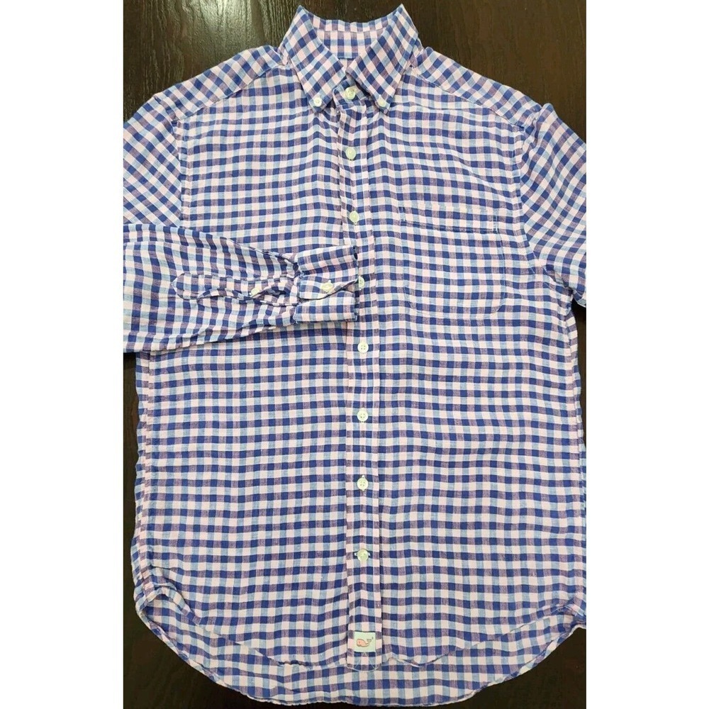 Vineyard Vines Blue Pink Plaid Classic Fit Murray Shirt Mens‎ S 100% Linen